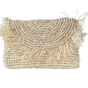 Womens Half Moon Flap Woven Raffia Envelope‎ Clutch Tan Size 12"x 8.5"